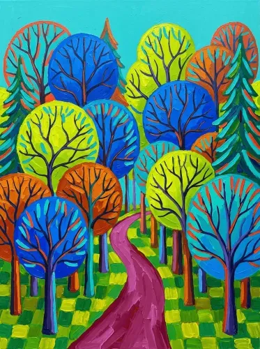 Acrylic Vibrant Forest Path Whimsical Trees