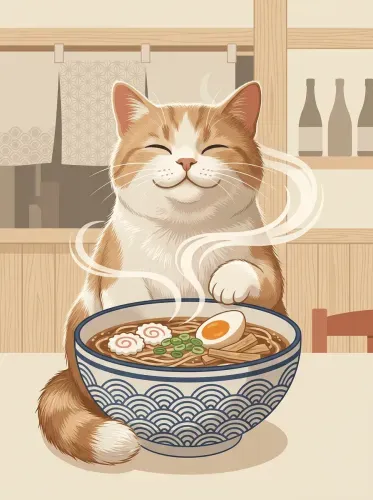 Anime Cat Ramen Bowl Illustration