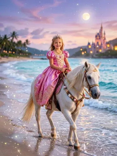 Fantasy Princess White Horse Beach Castle Art