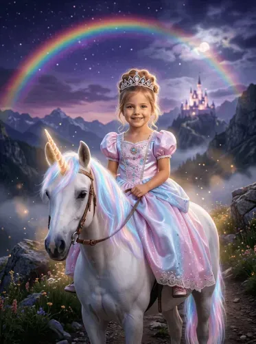 Fantasy Unicorn Princess Rainbow Castle Portrait