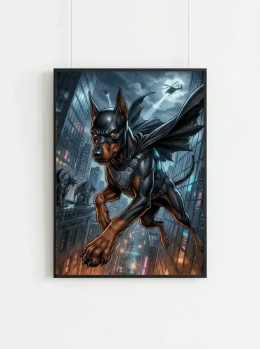 Futuristic Armored Doberman Neon Cityscape framed preview