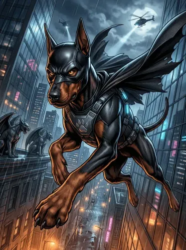 Futuristic Armored Doberman Neon Cityscape
