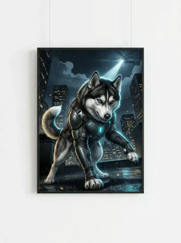 Futuristic Armored Husky Neon Cityscape framed preview