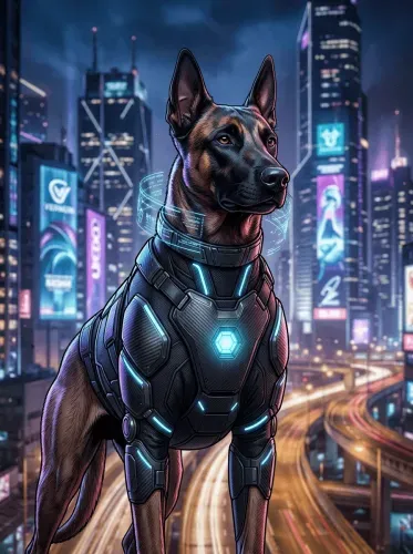 Futuristic Neon Armor German Shepherd Portrait