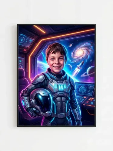 Futuristic Neon Astronaut Boy Spaceship Portrait framed preview