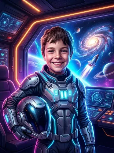 Futuristic Neon Astronaut Boy Spaceship Portrait