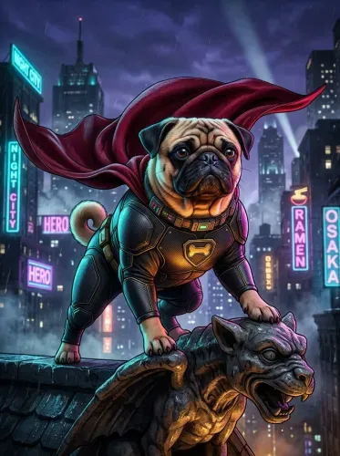 Futuristic Pop Art Superhero Pug Cape