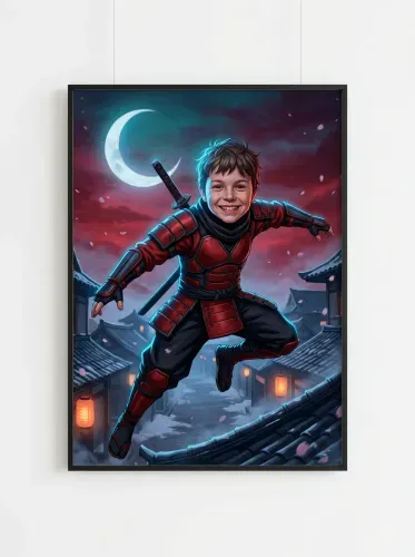 Futuristic Samurai Boy Red Armor Moon framed preview