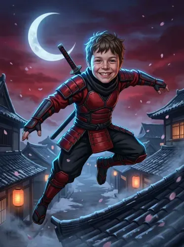 Futuristic Samurai Boy Red Armor Moon