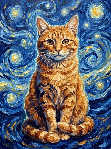 Impressionist Ginger Cat Starry Night