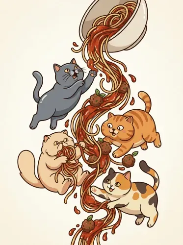 Ink Cartoon Cats Spaghetti Feast