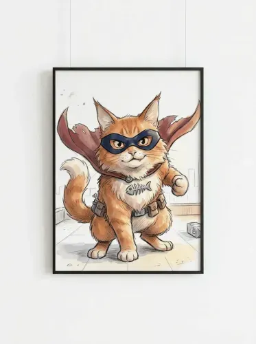 Ink Watercolor Superhero Cat Mask framed preview