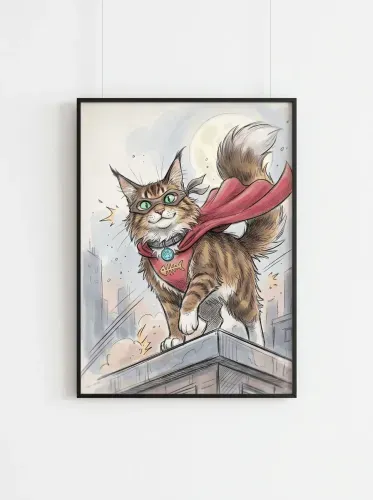 Ink Watercolor Superhero Cat Red Cape framed preview