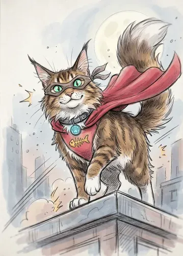 Ink Watercolor Superhero Cat Red Cape