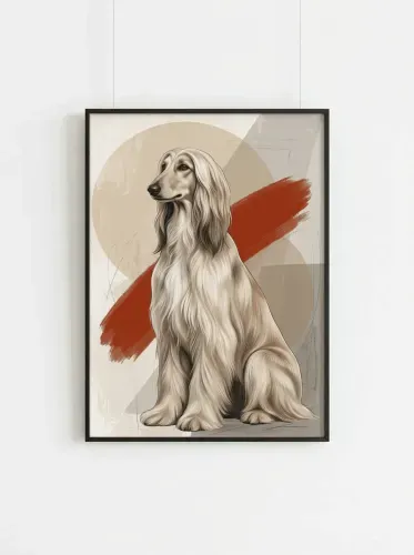 Modern Ink Long-Haired Dog Portrait Red Accent framed preview