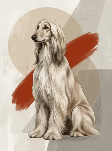Modern Ink Long-Haired Dog Portrait Red Accent