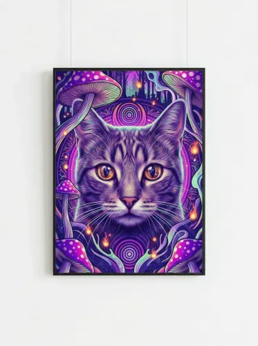 Neon Pop Art Cat Golden Eyes Mushroom framed preview