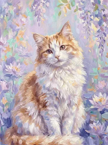 Oil Paint Ginger Cat Wisteria Garden