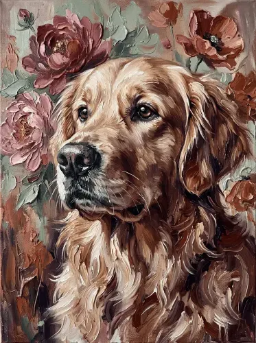 Oil Paint Golden Retriever Peony Florals
