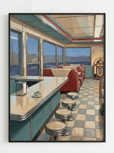 Oil Paint Retro Diner Interior Booth framed preview