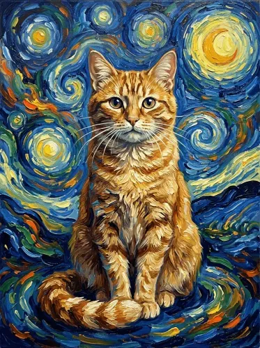 Oil Painted Ginger Cat Starry Night