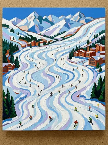 Oil Painting Alpine Ski Resort Landscape