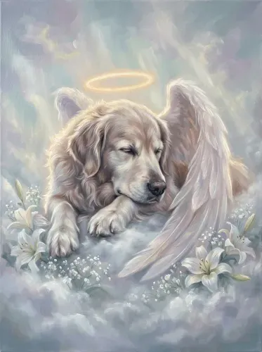 Oil Painting Angel Dog Halo Wings