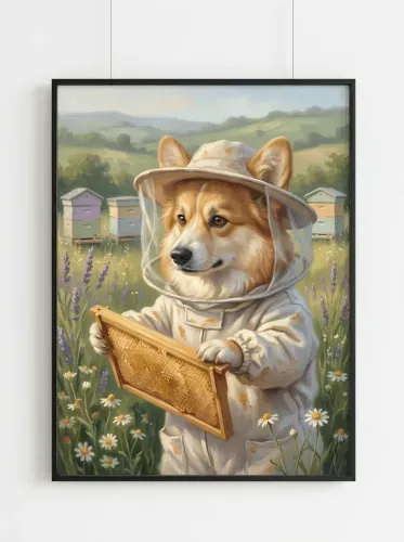 Oil Painting Beekeeper Corgi Lavender Field framed preview