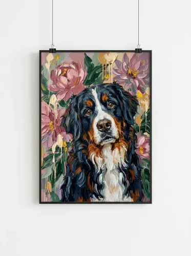 Oil Painting Bernese Mountain Dog Floral Portrait framed preview