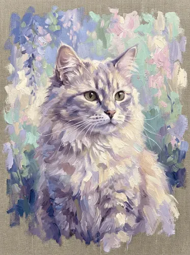 Oil Painting Cat Wisteria Garden Portrait