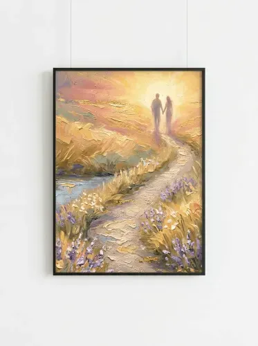 Oil Painting Couple Sunset Lavender Field framed preview