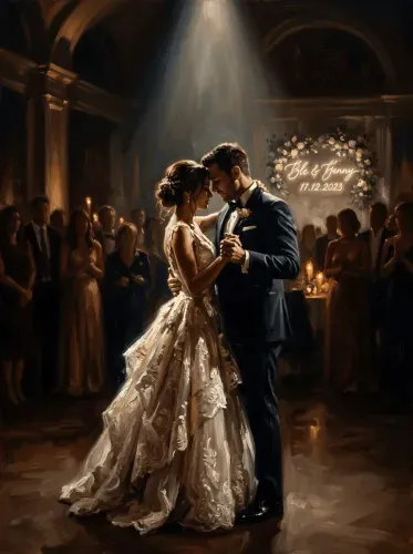 Oil Painting First Dance Golden Light Wedding