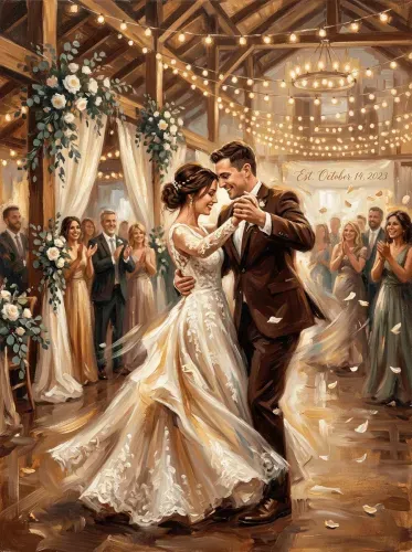 Oil Painting First Dance Wedding Barn Reception