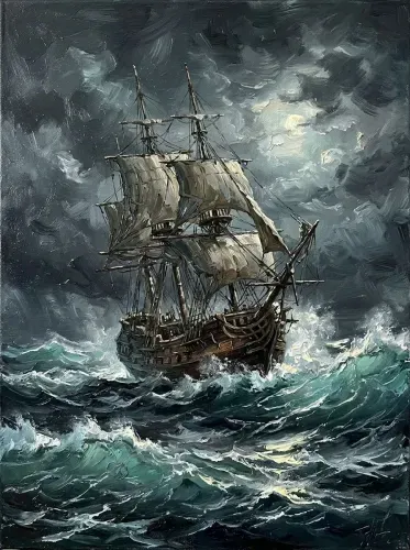 Oil Painting Galleon Stormy Seas