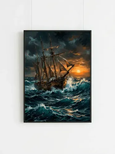 Oil Painting Galleon Stormy Sunset Seas framed preview