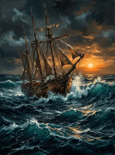 Oil Painting Galleon Stormy Sunset Seas