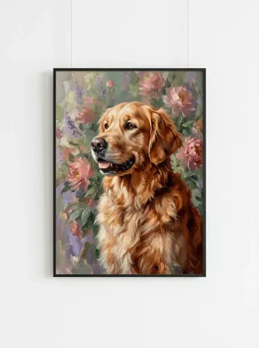Oil Painting Golden Retriever Floral Garden framed preview