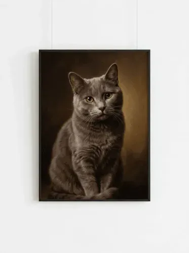 Oil Painting Gray Cat Amber Eyes Portrait framed preview