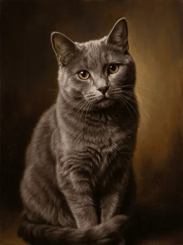 Oil Painting Gray Cat Amber Eyes Portrait