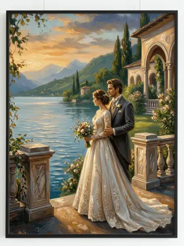 Oil Painting Lakeside Wedding Couple Sunset framed preview