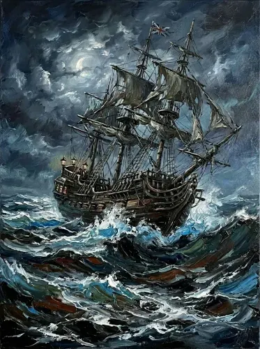 Oil Painting Moonlit Sailing Ship Stormy Seas framed preview