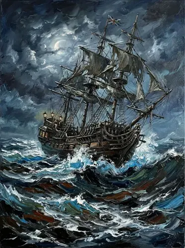 Oil Painting Moonlit Sailing Ship Stormy Seas