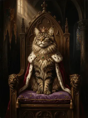 Oil Painting Regal Cat Crown Throne Portrait