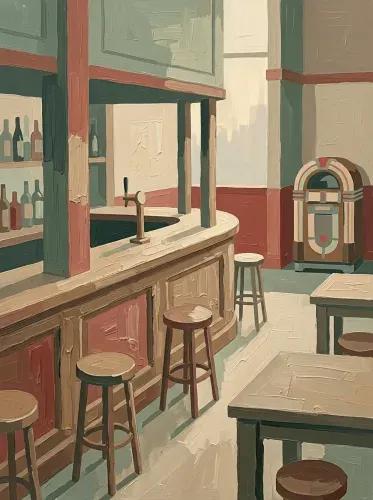 Oil Painting Retro Diner Interior Scene