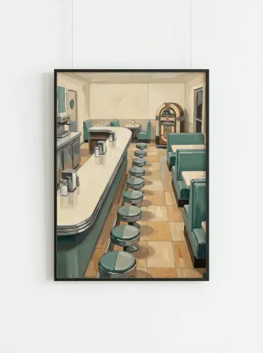 Oil Painting Retro Diner Interior Stools framed preview