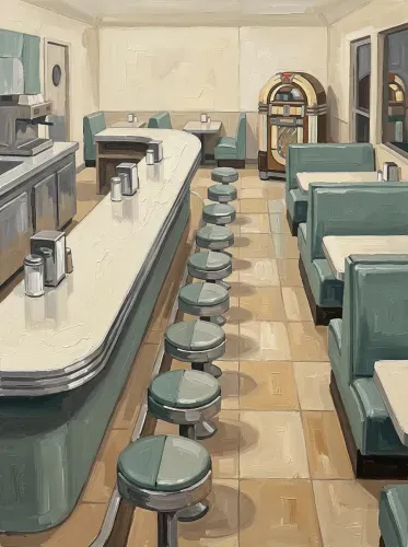 Oil Painting Retro Diner Interior Stools