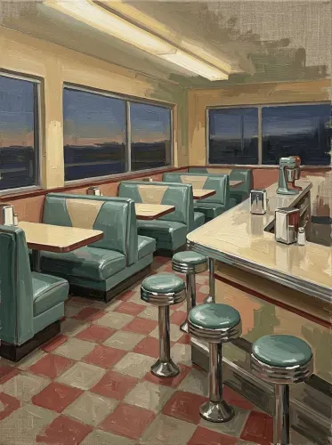 Oil Painting Retro Diner Interior Sunset