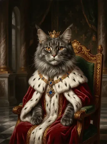 Oil Painting Royal Cat Golden Crown Portrait