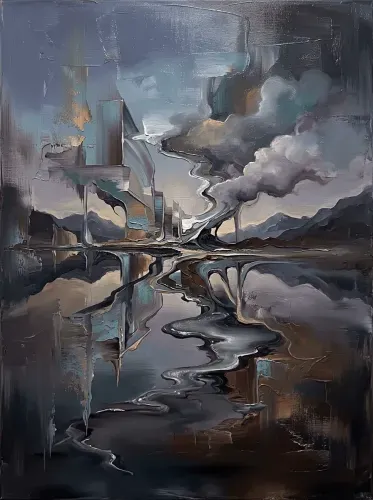 Oil Painting Surreal Floating Architecture Landscape