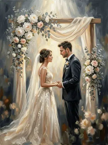 Oil Painting Wedding Couple Floral Arch